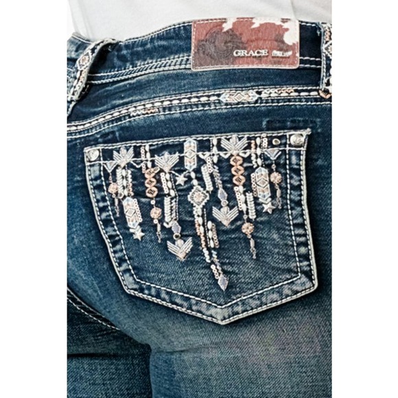 Grace in LA Women's Aztec Western Embroidered Stonewashed Bootcut Stretch Jeans - Picture 1 of 3